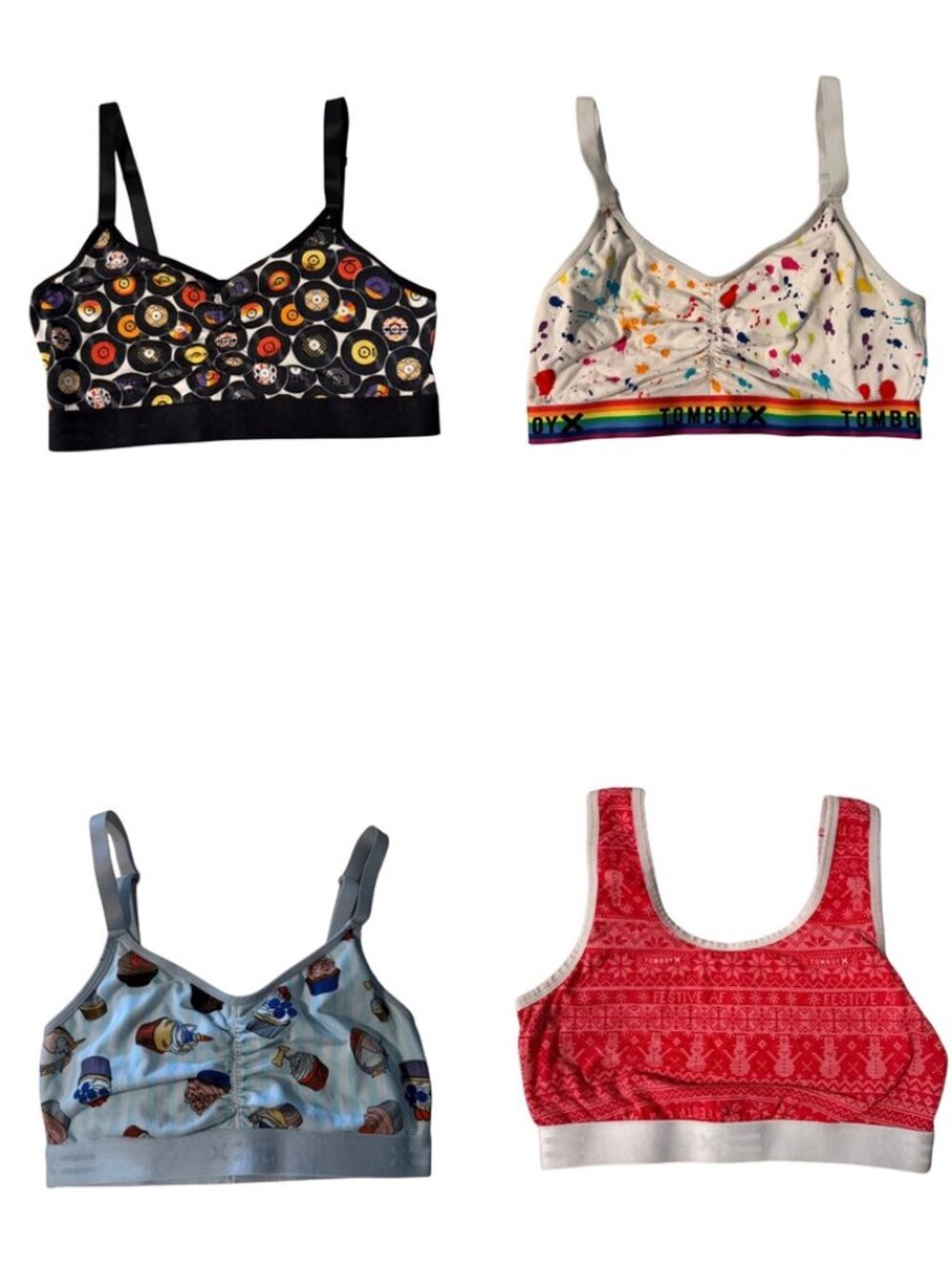 TomboyX Bralette Lot 4pc Medium - Cupcake Splatter Vinyl Festive AF